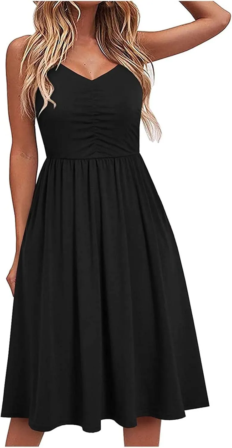 Women Summer Dresses Spaghetti Strap Simple Solid Color Sundresses Trendy Loose Casual Vacation Short Dresses