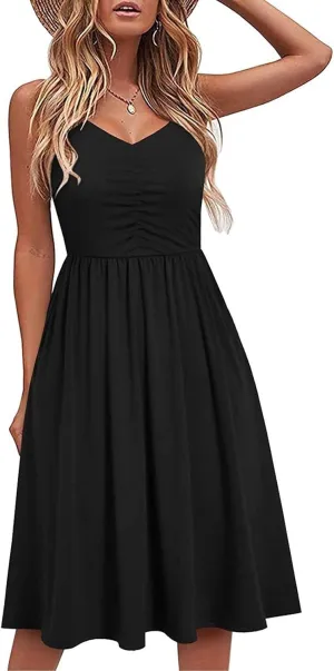 Women Summer Dresses Spaghetti Strap Simple Solid Color Sundresses Trendy Loose Casual Vacation Short Dresses