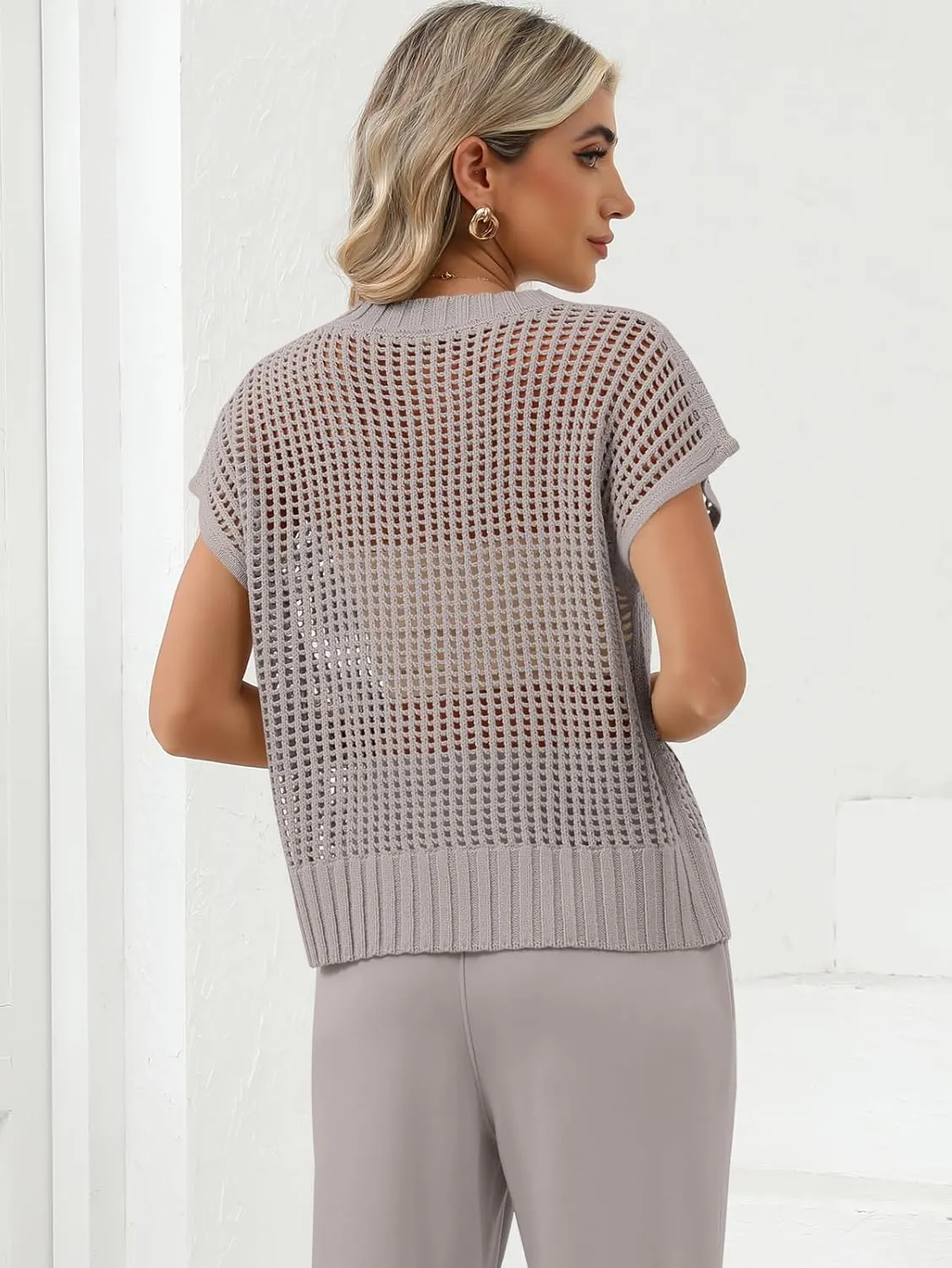 Women Summer Short Sleeve Crochet Sheer Knit Sweater Top Beach Cover Up Hollow Out Sexy See Through T-Shirts