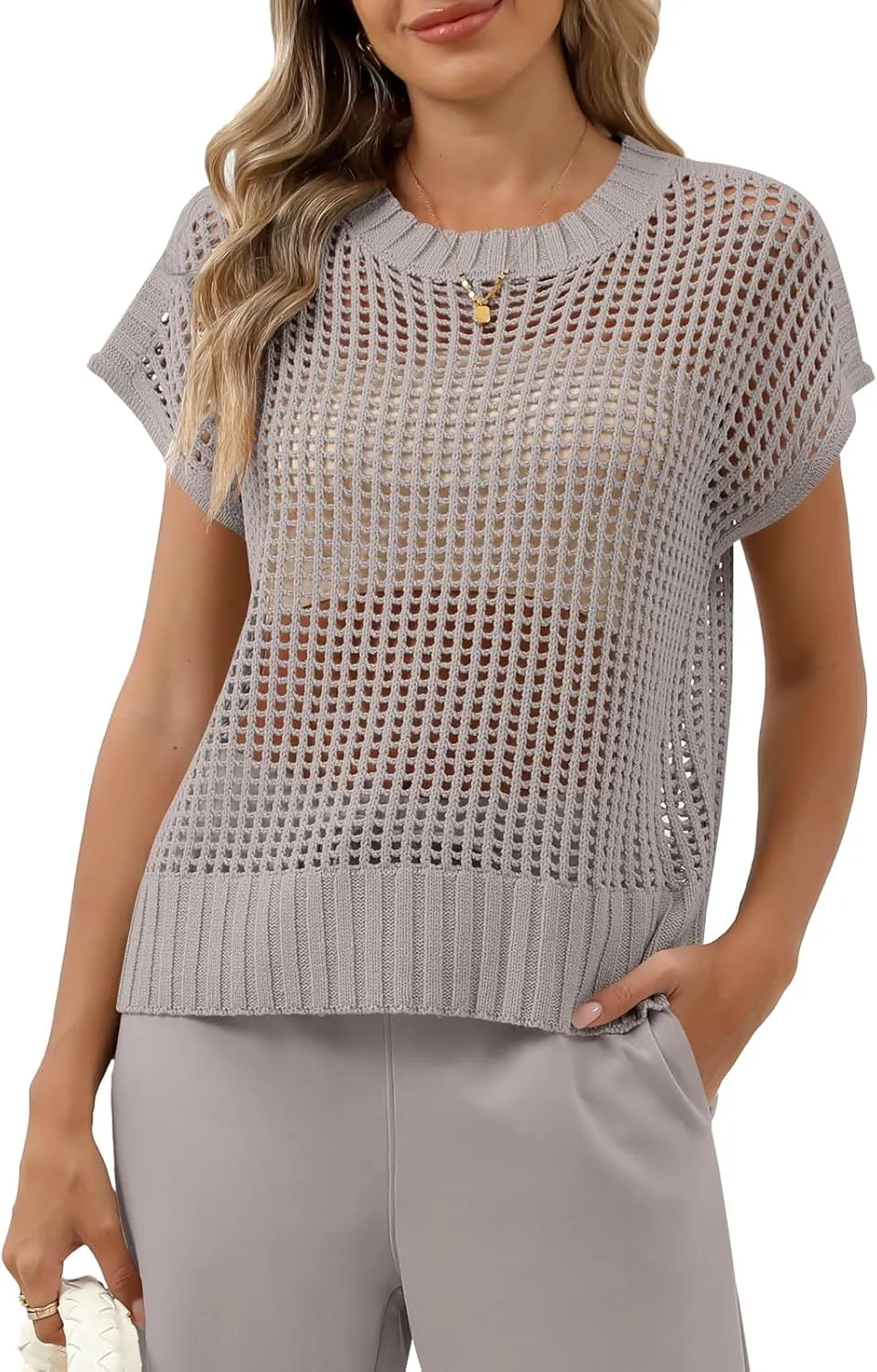 Women Summer Short Sleeve Crochet Sheer Knit Sweater Top Beach Cover Up Hollow Out Sexy See Through T-Shirts