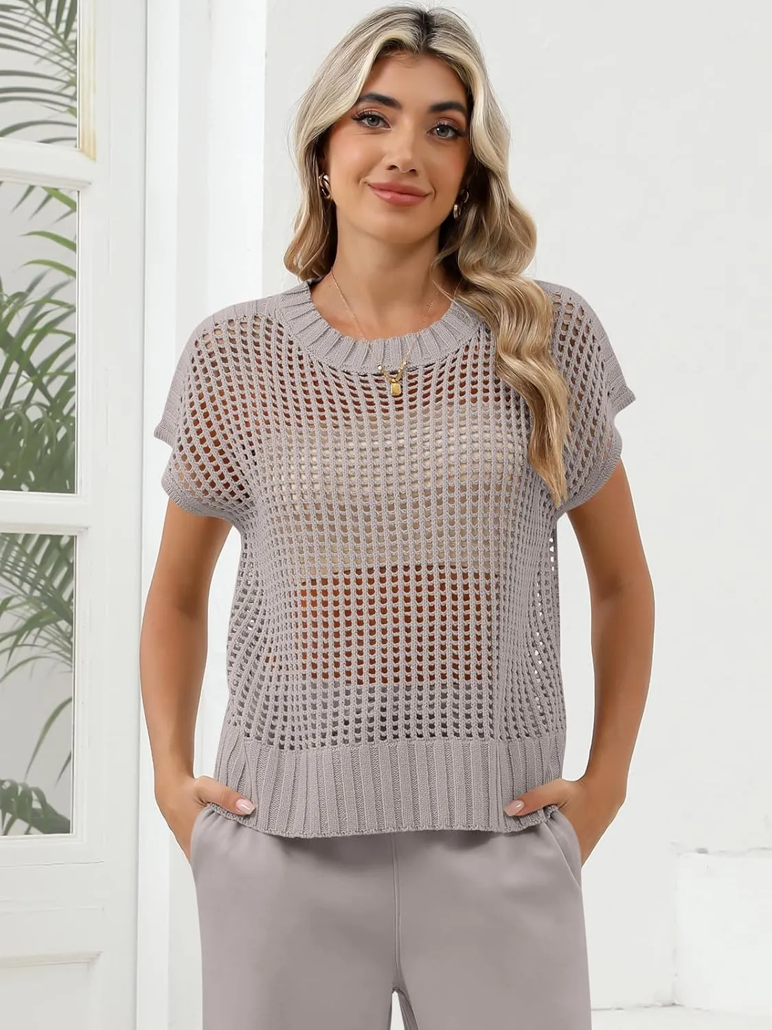 Women Summer Short Sleeve Crochet Sheer Knit Sweater Top Beach Cover Up Hollow Out Sexy See Through T-Shirts