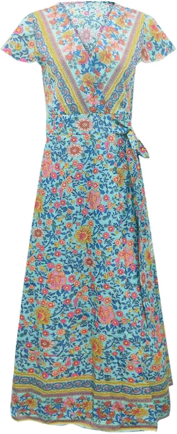 Women Summer Short Sleeve Floral Print Bohemian Beach Maxi Dress Side Split Waist Tie Wrap Ankle Length Flowy Dress