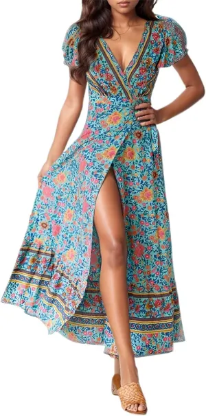 Women Summer Short Sleeve Floral Print Bohemian Beach Maxi Dress Side Split Waist Tie Wrap Ankle Length Flowy Dress
