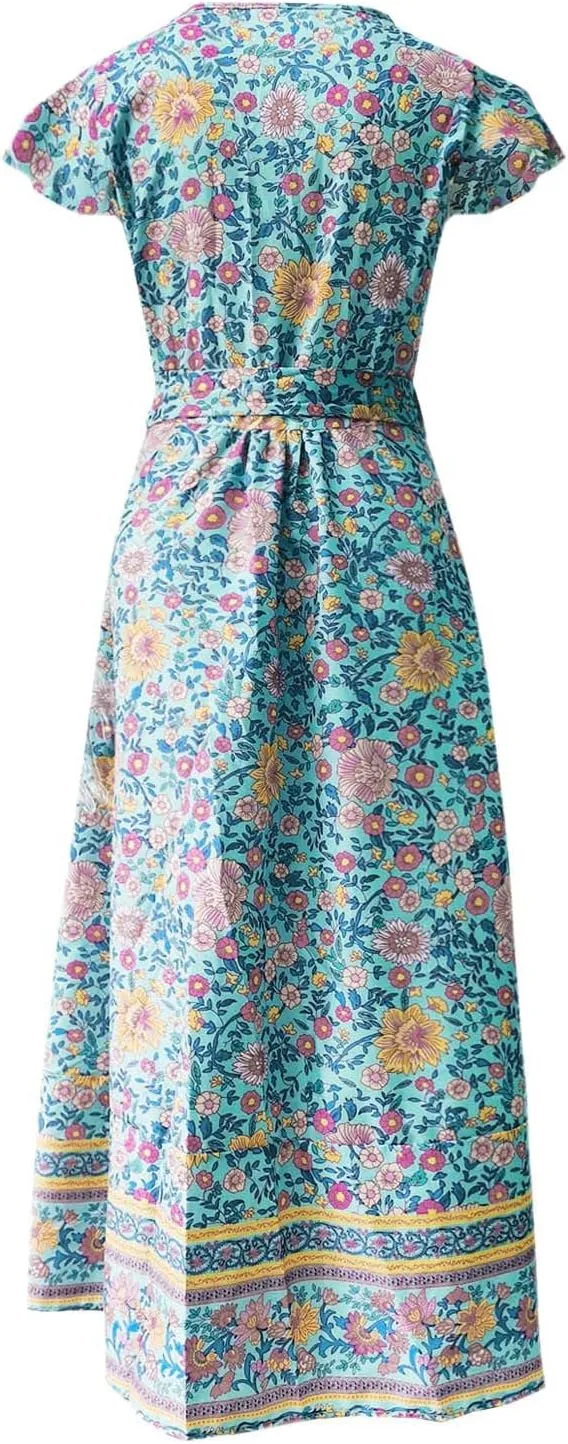 Women Summer Short Sleeve Floral Print Bohemian Beach Maxi Dress Side Split Waist Tie Wrap Ankle Length Flowy Dress