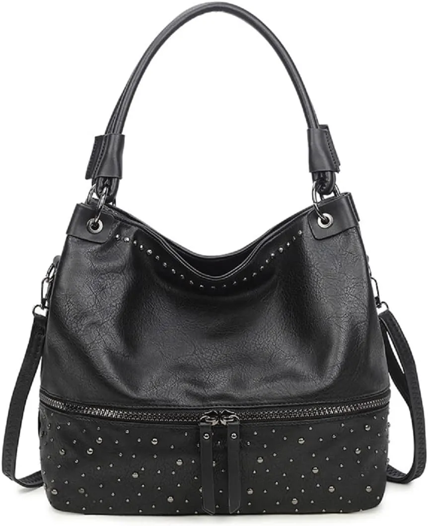 Women Tote Bag Rivets Handbags PU Leather Fashion Hobo Shoulder Bags with Adjustable Shoulder Strap