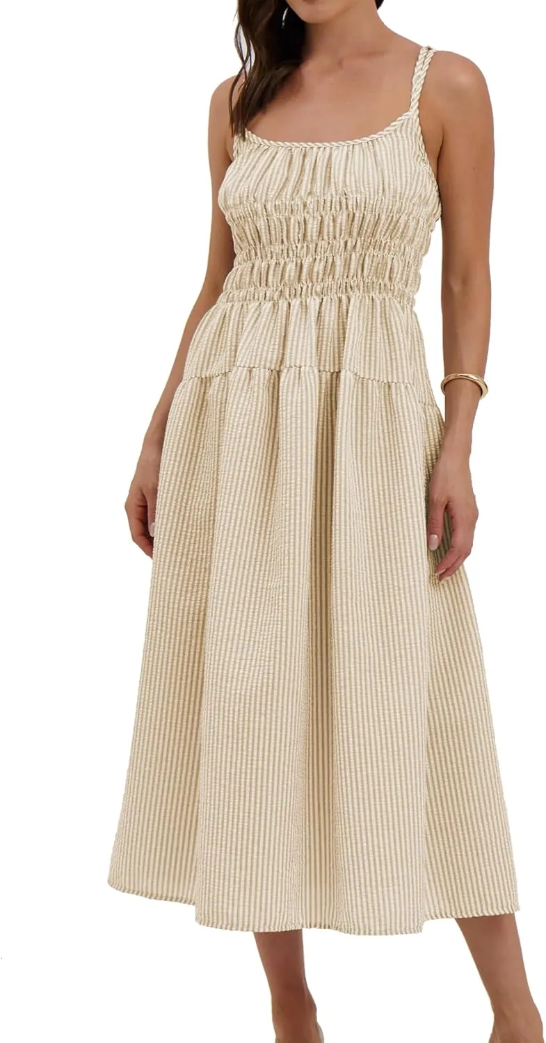 Women's 2025 Summer Striped Smocked Maxi Dress Sleeveless Boho Sundress Double Strap Flowy Swing for Beach Vacation
