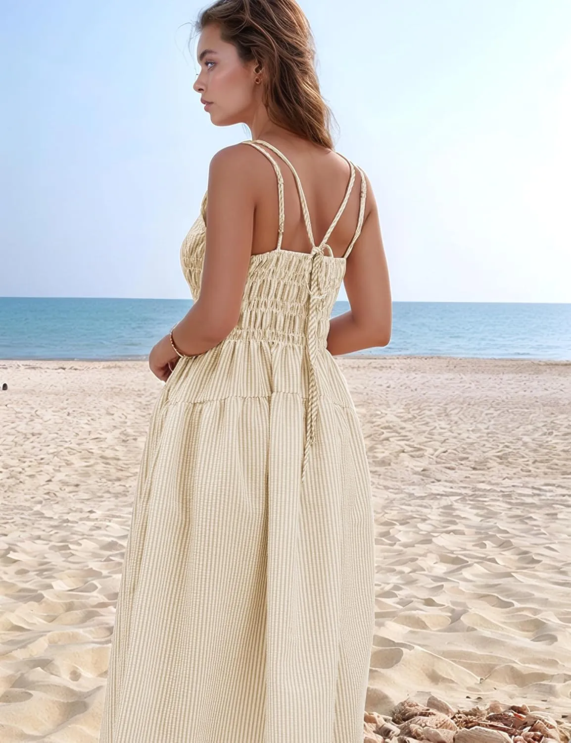 Women's 2025 Summer Striped Smocked Maxi Dress Sleeveless Boho Sundress Double Strap Flowy Swing for Beach Vacation