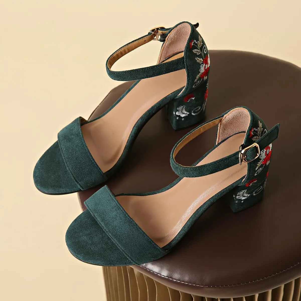 Women's Block Heel Sandals with Floral Embroidery, Ankle Strap, Suede