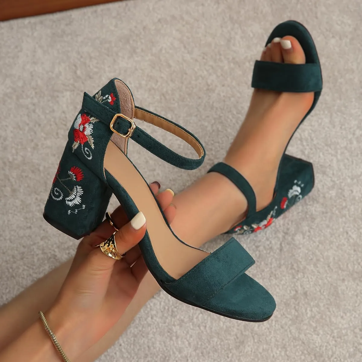 Women's Block Heel Sandals with Floral Embroidery, Ankle Strap, Suede