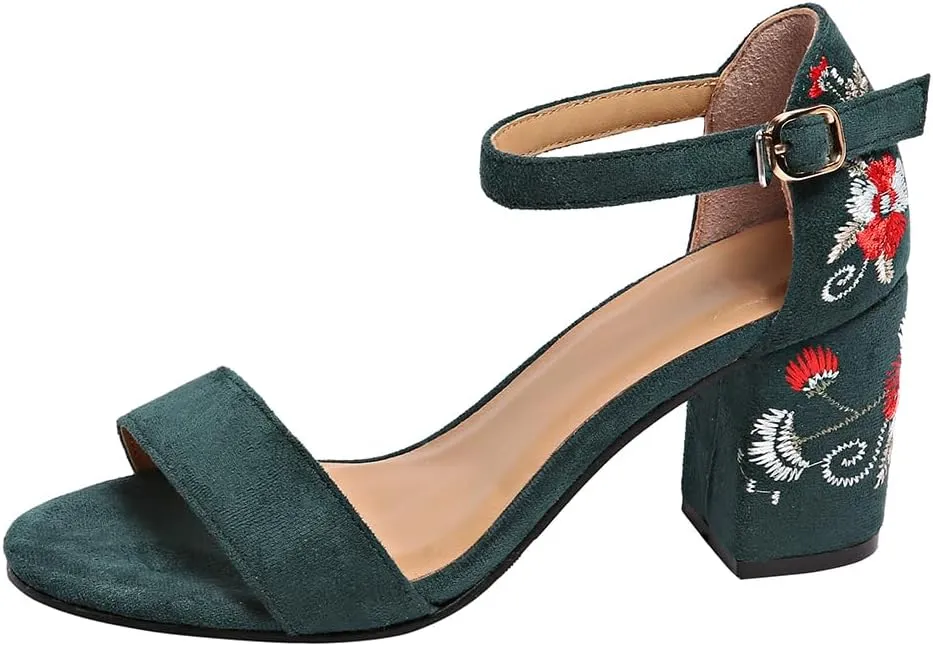 Women's Block Heel Sandals with Floral Embroidery, Ankle Strap, Suede