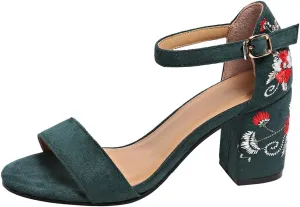 Women's Block Heel Sandals with Floral Embroidery, Ankle Strap, Suede