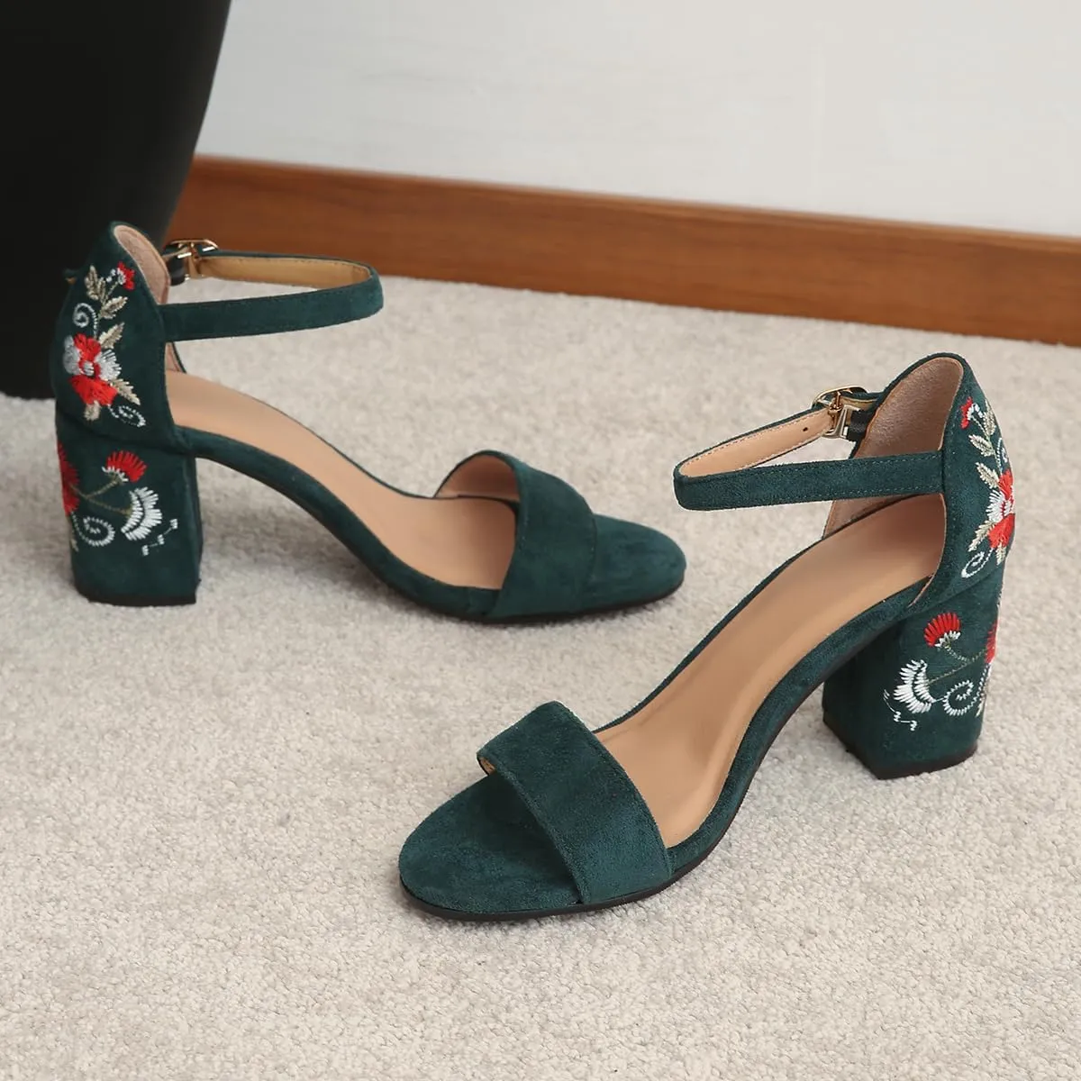 Women's Block Heel Sandals with Floral Embroidery, Ankle Strap, Suede