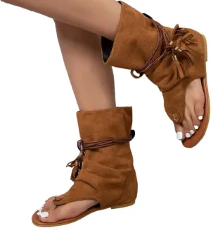Women's Bohemian Tassel Sandals, Gladiator Fringe Flat Clip Toe Ankle Beach Sandals T-Strap Open-Toe Flip Flops Sandals