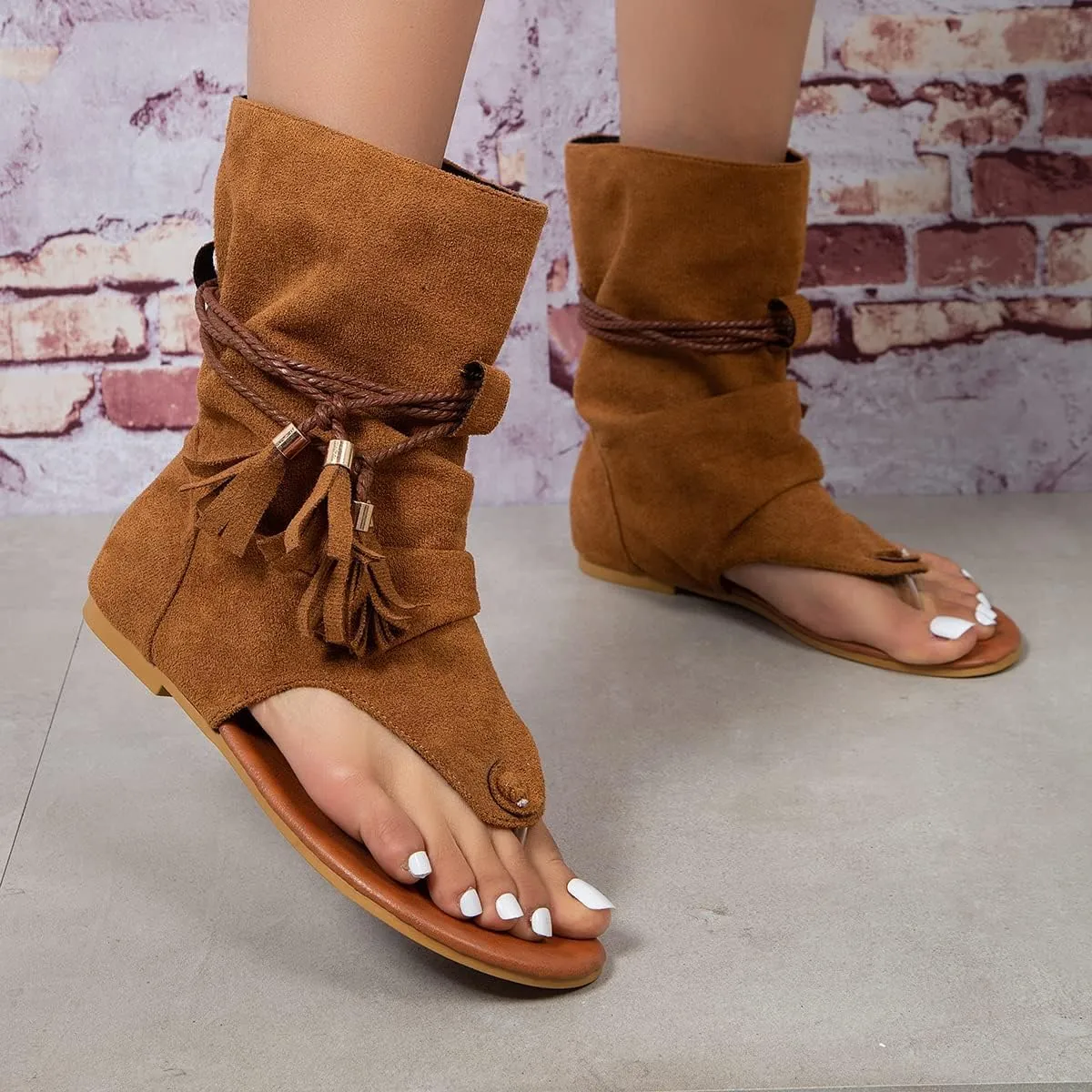 Women's Bohemian Tassel Sandals, Gladiator Fringe Flat Clip Toe Ankle Beach Sandals T-Strap Open-Toe Flip Flops Sandals