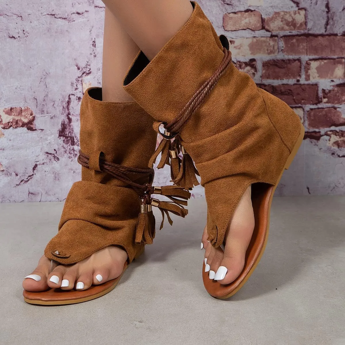 Women's Bohemian Tassel Sandals, Gladiator Fringe Flat Clip Toe Ankle Beach Sandals T-Strap Open-Toe Flip Flops Sandals