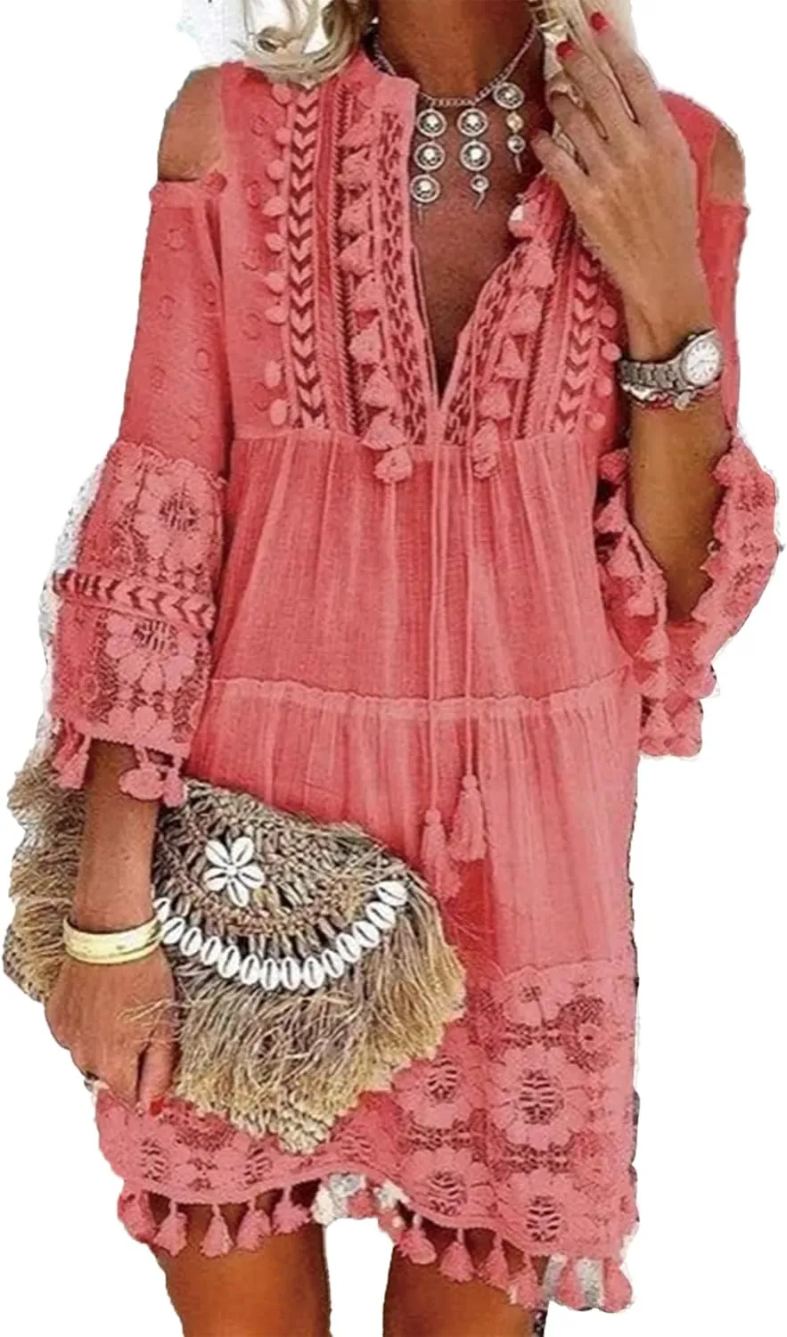 Women's Boho Floral Lace Tassel Fringe V-Neck Short Dress Embroidered Patchwork Seven Sleeve Loose Sundress
