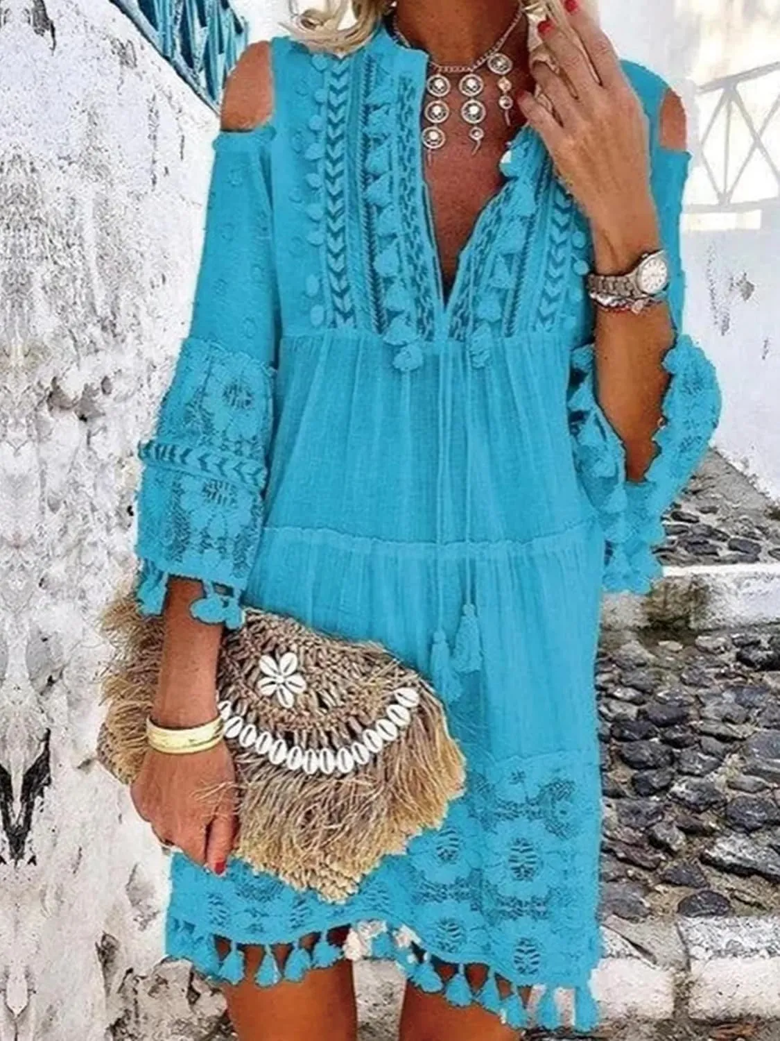 Women's Boho Floral Lace Tassel Fringe V-Neck Short Dress Embroidered Patchwork Seven Sleeve Loose Sundress