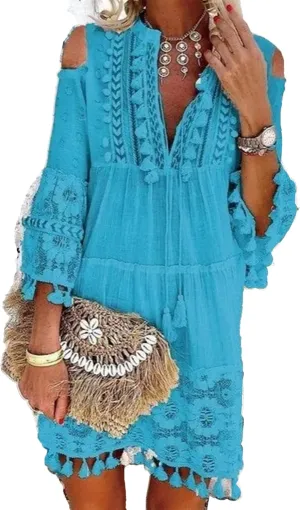 Women's Boho Floral Lace Tassel Fringe V-Neck Short Dress Embroidered Patchwork Seven Sleeve Loose Sundress