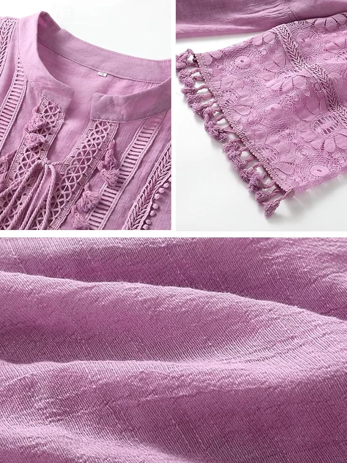 Women's Boho Floral Lace Tassel Fringe V-Neck Short Dress Embroidered Patchwork Seven Sleeve Loose Sundress
