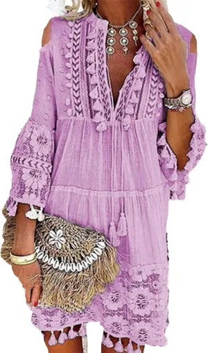 Women's Boho Floral Lace Tassel Fringe V-Neck Short Dress Embroidered Patchwork Seven Sleeve Loose Sundress