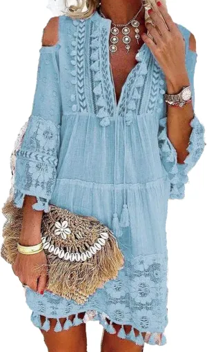 Women's Boho Floral Lace Tassel Fringe V-Neck Short Dress Embroidered Patchwork Seven Sleeve Loose Sundress