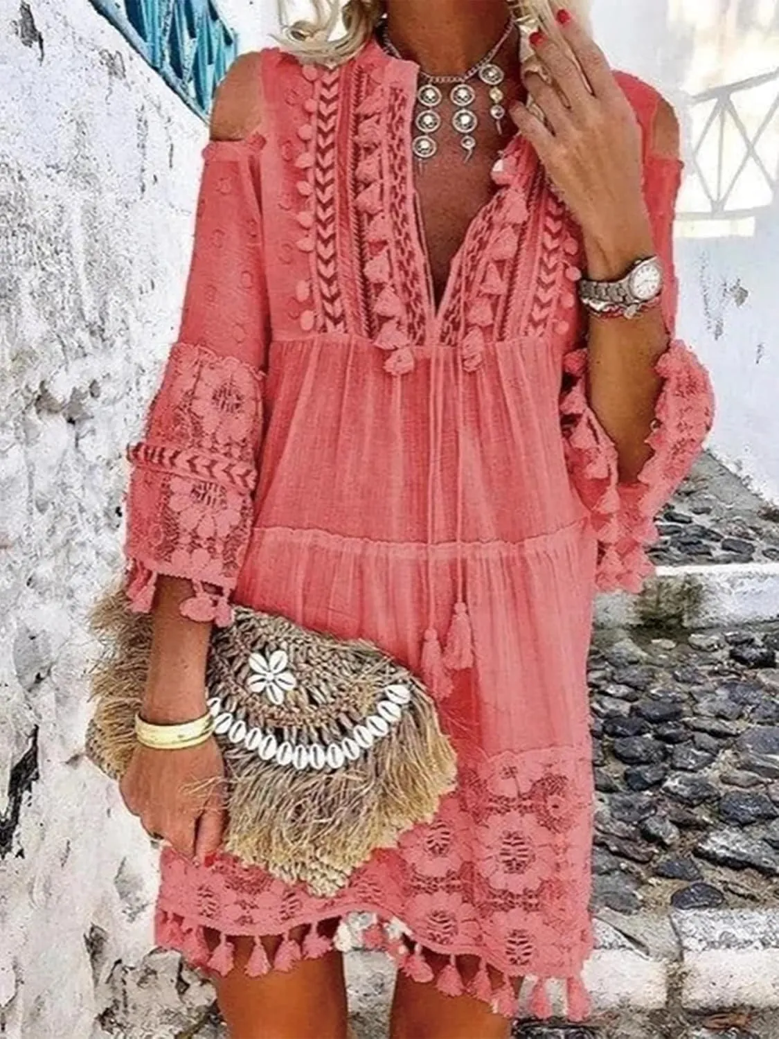 Women's Boho Floral Lace Tassel Fringe V-Neck Short Dress Embroidered Patchwork Seven Sleeve Loose Sundress