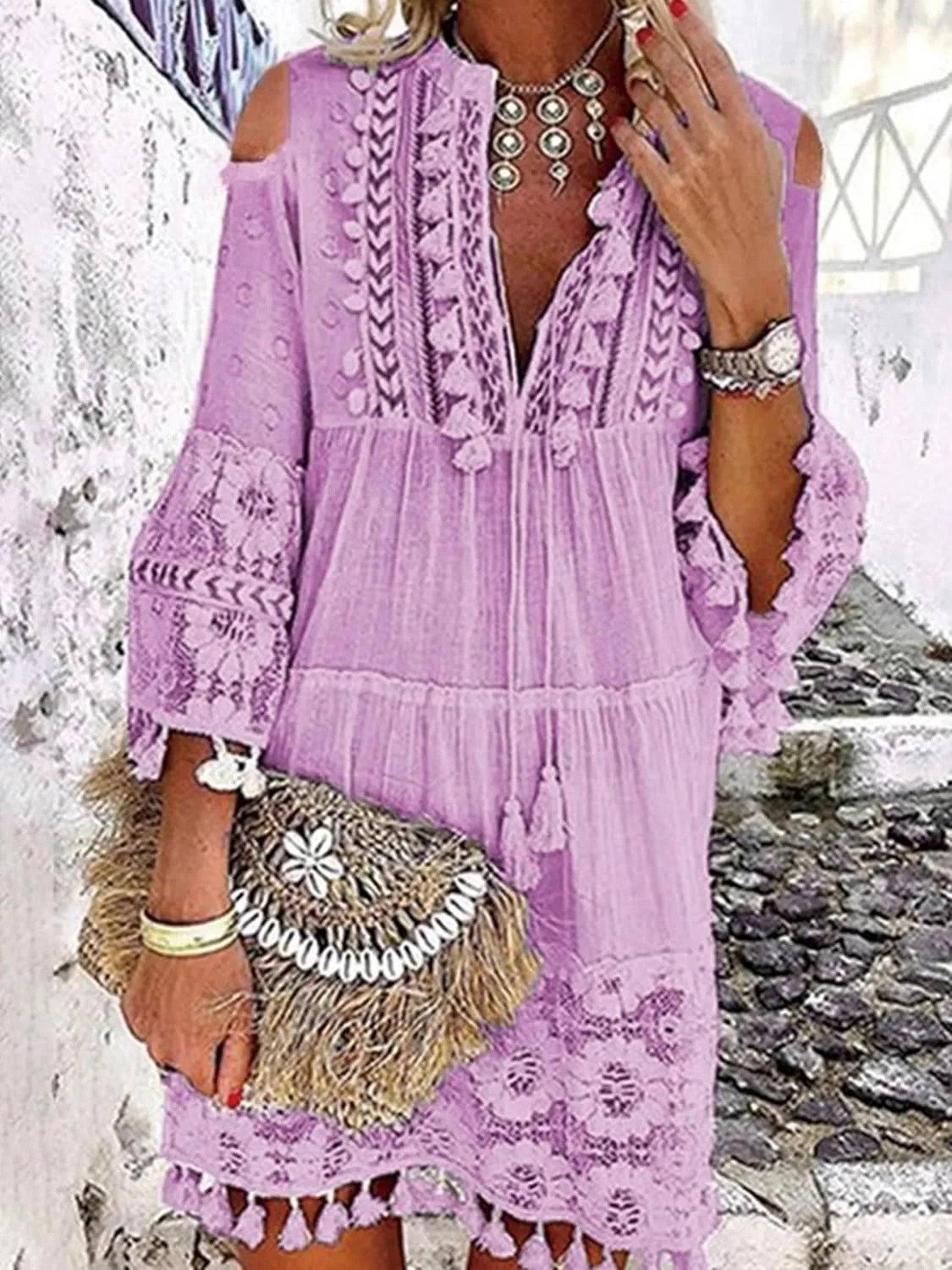 Women's Boho Floral Lace Tassel Fringe V-Neck Short Dress Embroidered Patchwork Seven Sleeve Loose Sundress