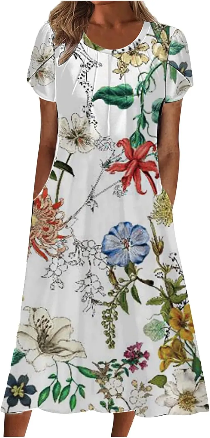 Womens Boho Summer Long Dresses Casual Floral Pleated Flowy midi Dresses Trendy Beach Vacation 2024 Clothes