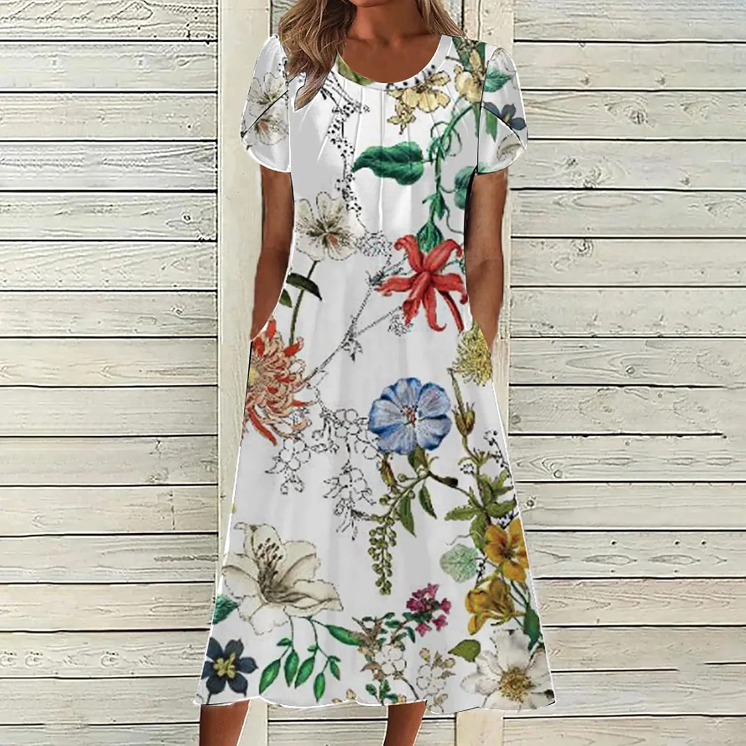 Womens Boho Summer Long Dresses Casual Floral Pleated Flowy midi Dresses Trendy Beach Vacation 2024 Clothes