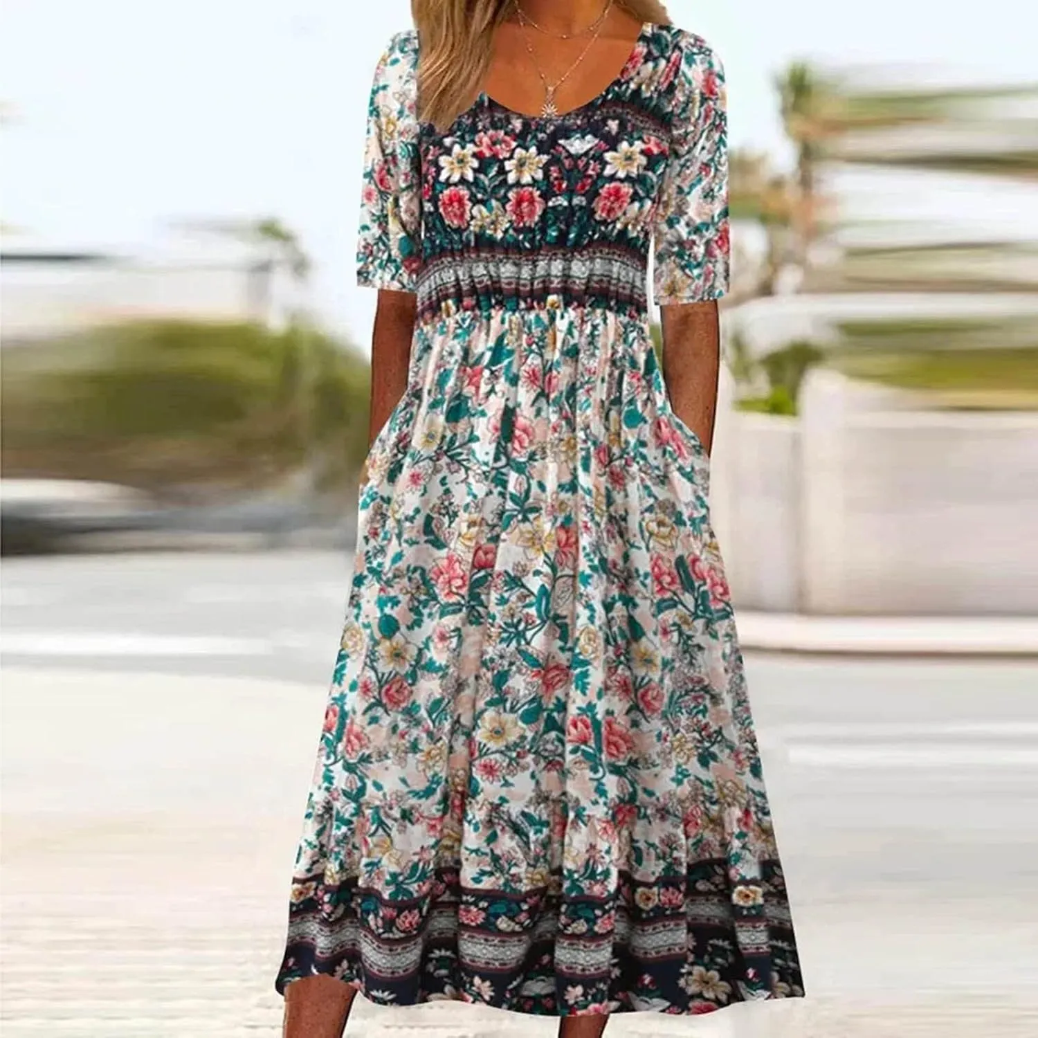 Womens Boho Summer Long Dresses Casual Floral Pleated Flowy midi Dresses Trendy Beach Vacation 2024 Clothes