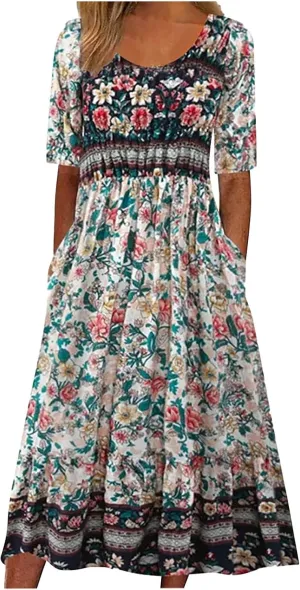 Womens Boho Summer Long Dresses Casual Floral Pleated Flowy midi Dresses Trendy Beach Vacation 2024 Clothes