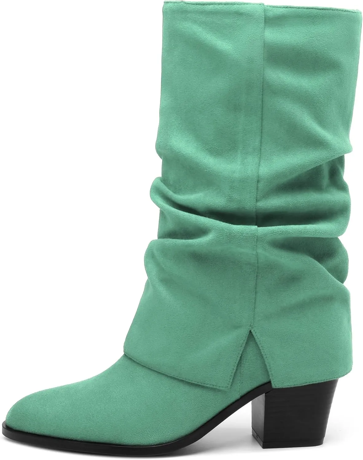 Womens Boots Mid Calf Slouchy Suede Pointed Toe Slip on Chunky Heel Short Boots Comfortable Casual Fall Winter Booties