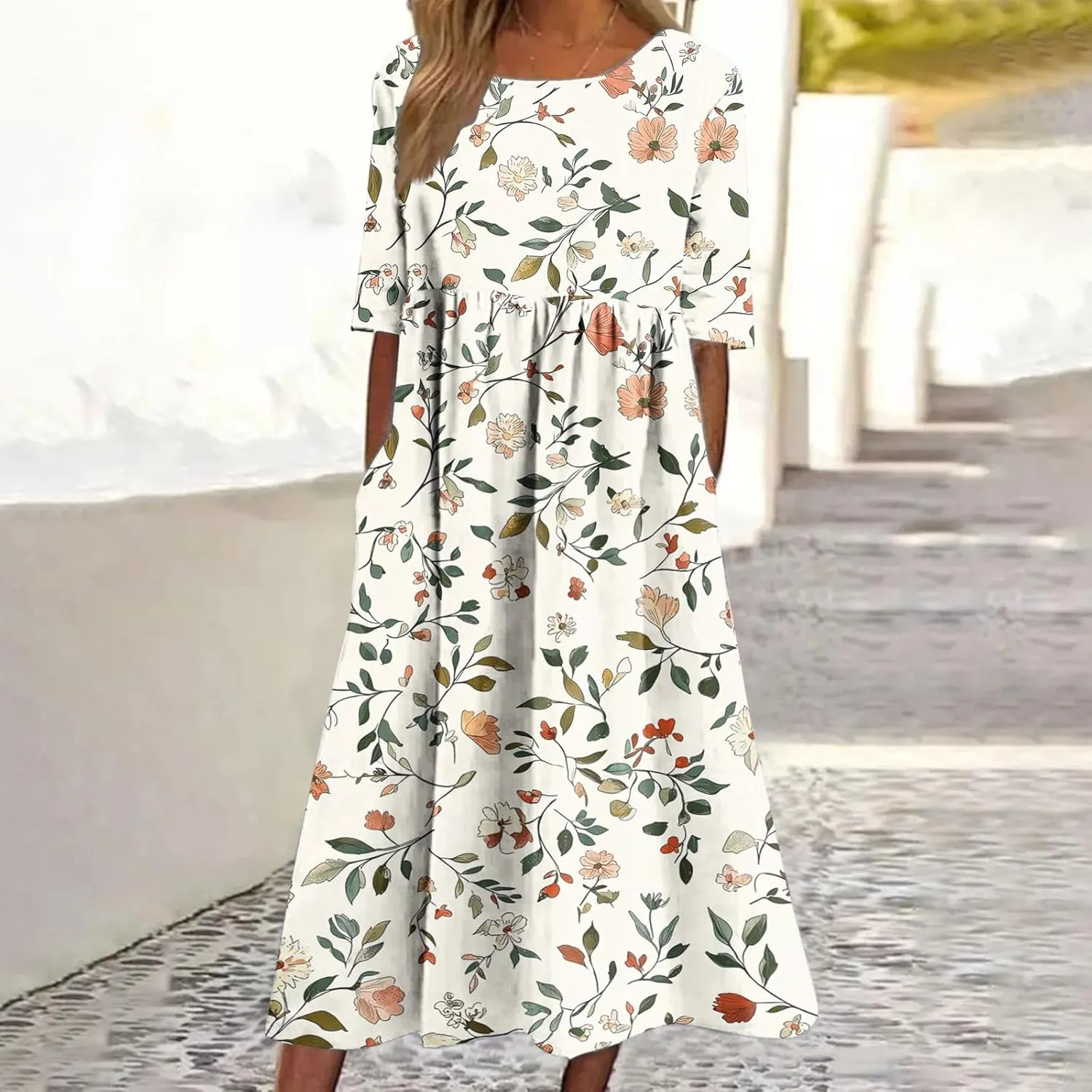 Women's Casual Boho Maxi Dress 2025 Trendy Floral Print Short Sleeve Dress Summer Vacation Flowy Dresses with Pockets