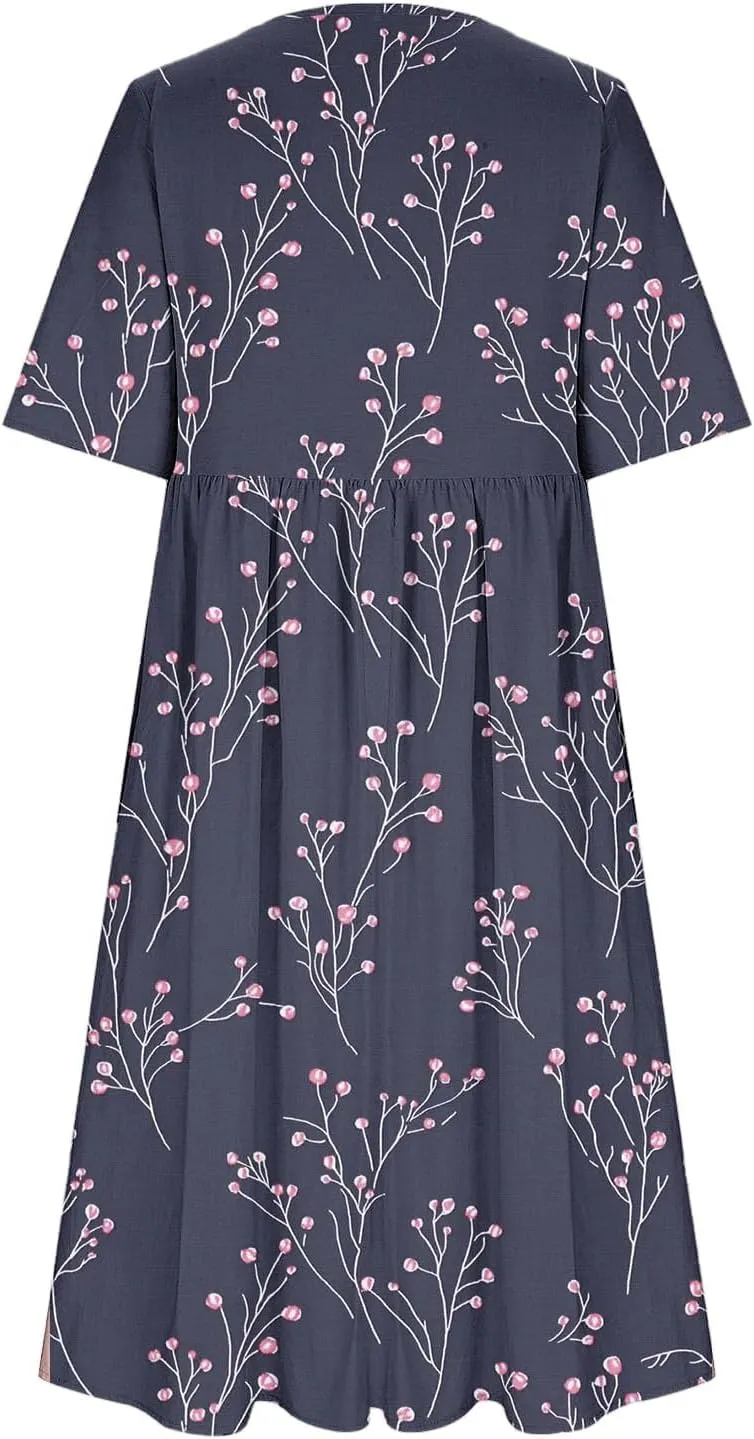 Women's Casual Boho Maxi Dress 2025 Trendy Floral Print Short Sleeve Dress Summer Vacation Flowy Dresses with Pockets