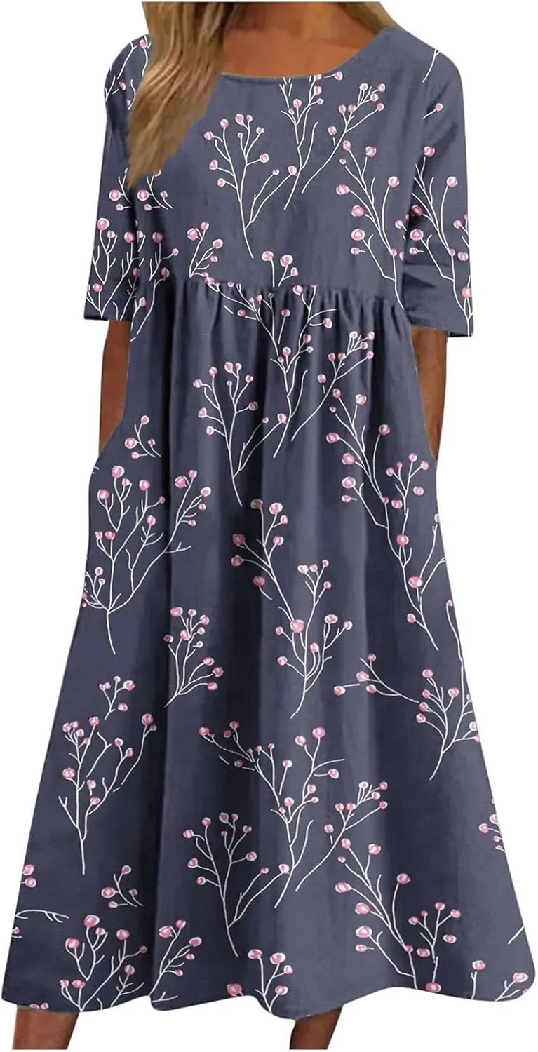 Women's Casual Boho Maxi Dress 2025 Trendy Floral Print Short Sleeve Dress Summer Vacation Flowy Dresses with Pockets