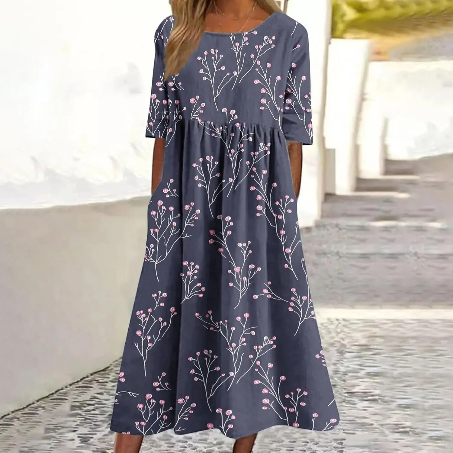Women's Casual Boho Maxi Dress 2025 Trendy Floral Print Short Sleeve Dress Summer Vacation Flowy Dresses with Pockets