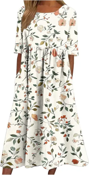 Women's Casual Boho Maxi Dress 2025 Trendy Floral Print Short Sleeve Dress Summer Vacation Flowy Dresses with Pockets