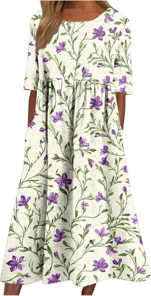 Women's Casual Boho Maxi Dress 2025 Trendy Floral Print Short Sleeve Dress Summer Vacation Flowy Dresses with Pockets