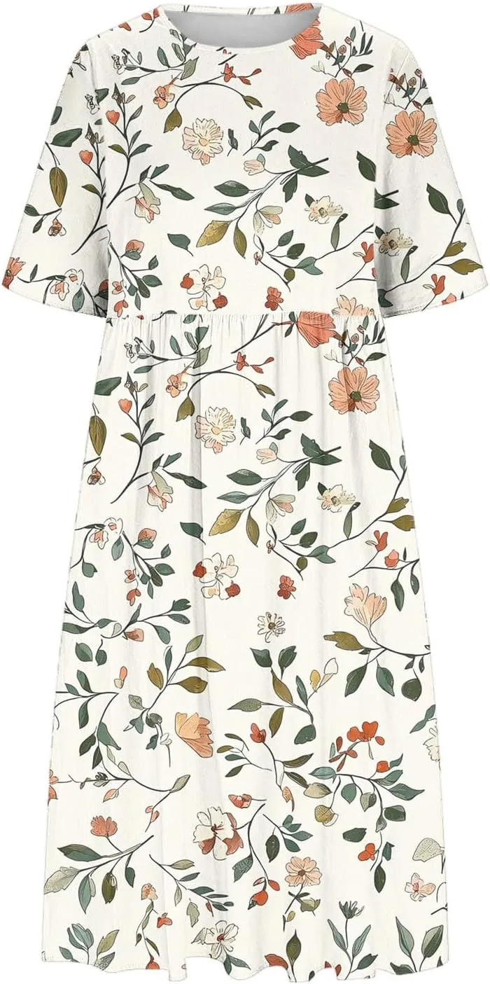 Women's Casual Boho Maxi Dress 2025 Trendy Floral Print Short Sleeve Dress Summer Vacation Flowy Dresses with Pockets