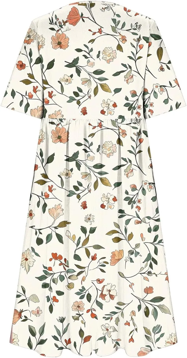 Women's Casual Boho Maxi Dress 2025 Trendy Floral Print Short Sleeve Dress Summer Vacation Flowy Dresses with Pockets