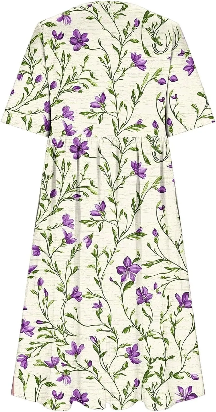 Women's Casual Boho Maxi Dress 2025 Trendy Floral Print Short Sleeve Dress Summer Vacation Flowy Dresses with Pockets