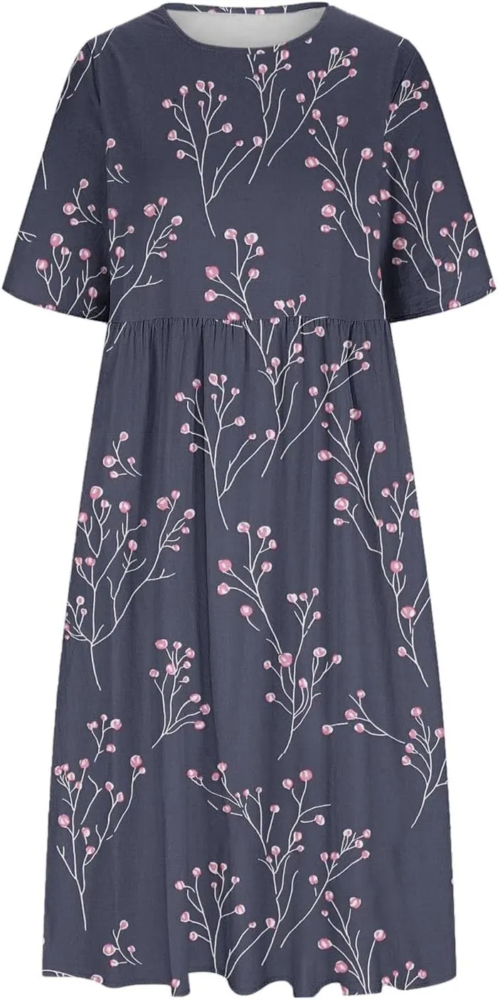 Women's Casual Boho Maxi Dress 2025 Trendy Floral Print Short Sleeve Dress Summer Vacation Flowy Dresses with Pockets