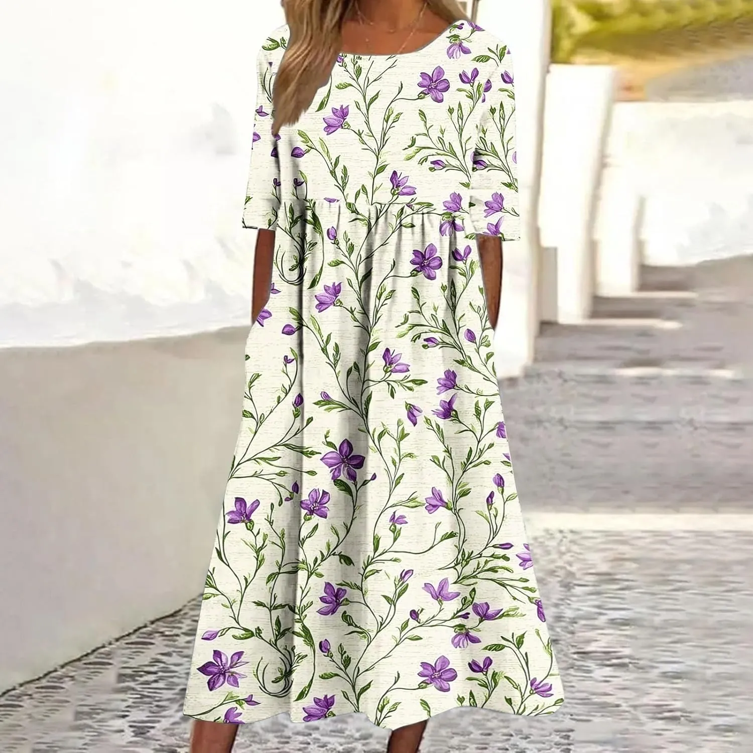Women's Casual Boho Maxi Dress 2025 Trendy Floral Print Short Sleeve Dress Summer Vacation Flowy Dresses with Pockets