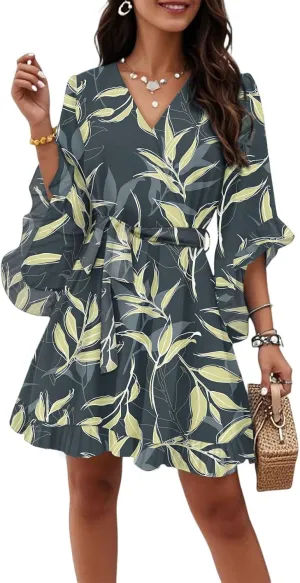 Women's Casual Loose Vintage Bohemian Floral V-Neck Half Sleeve Summer Beach Swing Wrap Dress