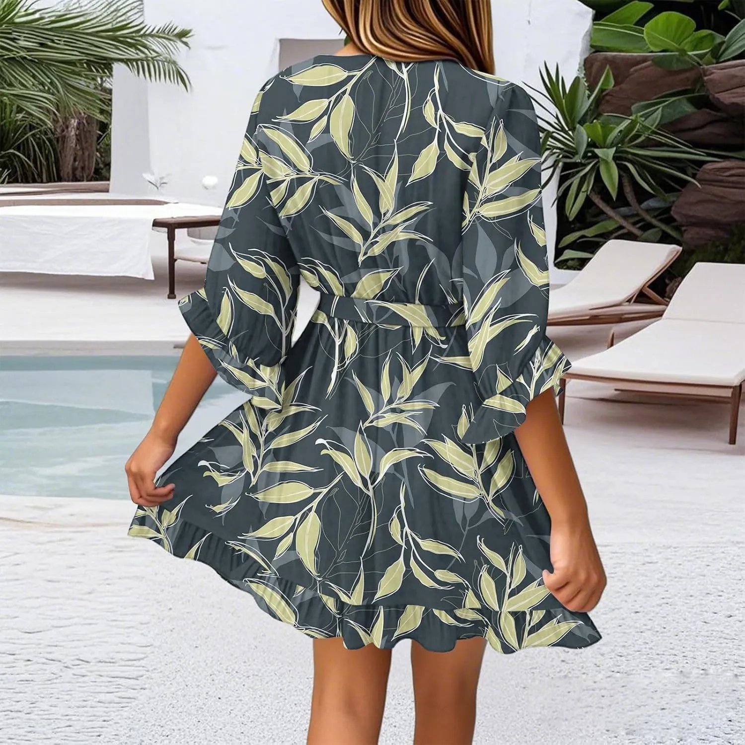 Women's Casual Loose Vintage Bohemian Floral V-Neck Half Sleeve Summer Beach Swing Wrap Dress