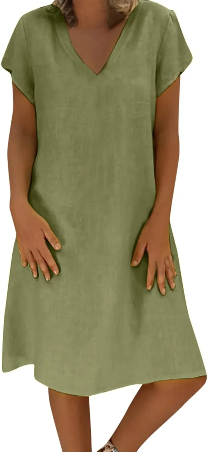 Women's Cotton Linen Dresses Summer Cup Sleeve Comfy Travel Sundresses Beach Wear Trendy Spring Vacation Clothes 2025