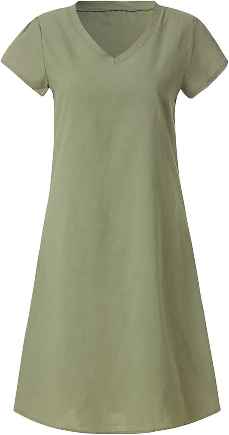 Women's Cotton Linen Dresses Summer Cup Sleeve Comfy Travel Sundresses Beach Wear Trendy Spring Vacation Clothes 2025