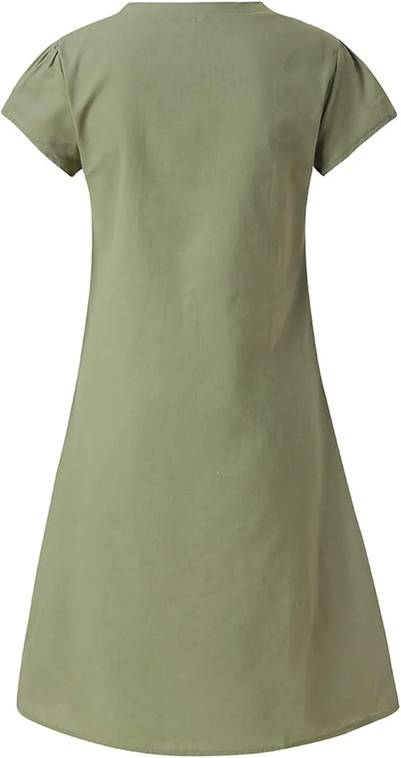 Women's Cotton Linen Dresses Summer Cup Sleeve Comfy Travel Sundresses Beach Wear Trendy Spring Vacation Clothes 2025