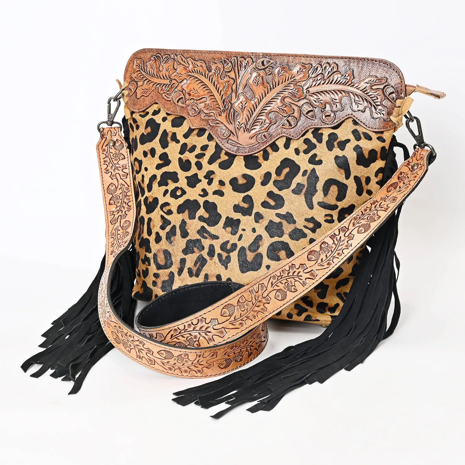 Women’s Cowhide Hairon Leather Crossbody Shoulder Bag with Strap Messenger Style Western Fringe Leather Sling Bag