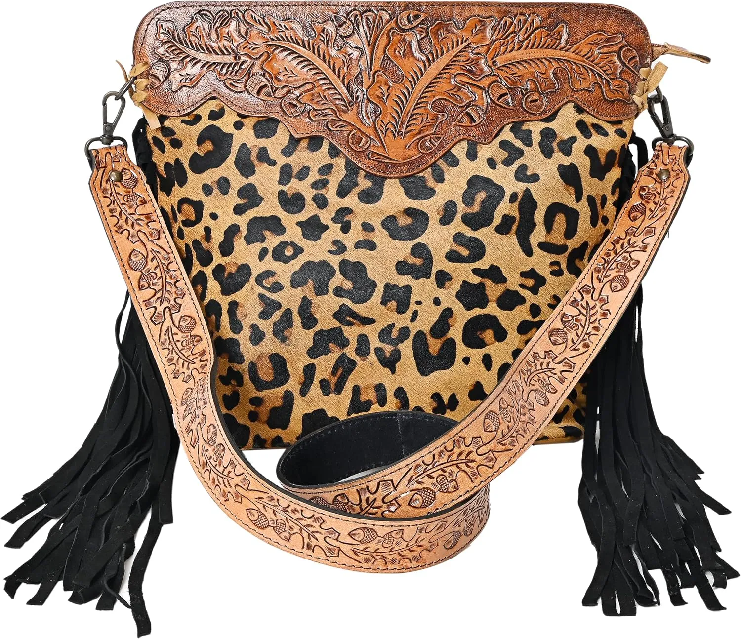 Women’s Cowhide Hairon Leather Crossbody Shoulder Bag with Strap Messenger Style Western Fringe Leather Sling Bag
